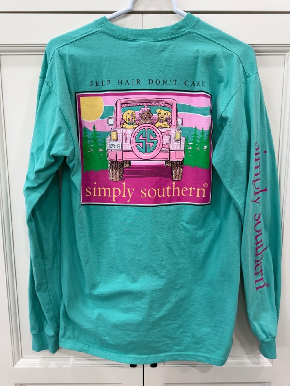 Simply Southern Jeep Hair Don't Care Long Sleeve Womens Med t-shirt Mint Green